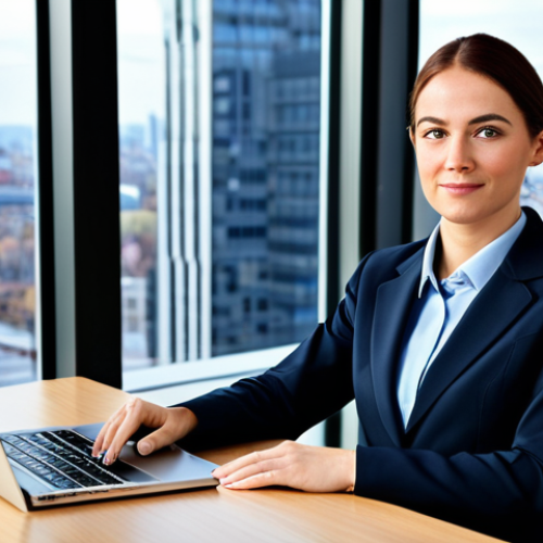 Home 7 **
A professional businesswoman in a modest business suit, sitting at a desk in a modern office. The office has large windows with a city view. Fully clothed, appropriate attire, safe for work. Perfect anatomy, natural proportions, professional photography, high quality. Family-friendly.
**