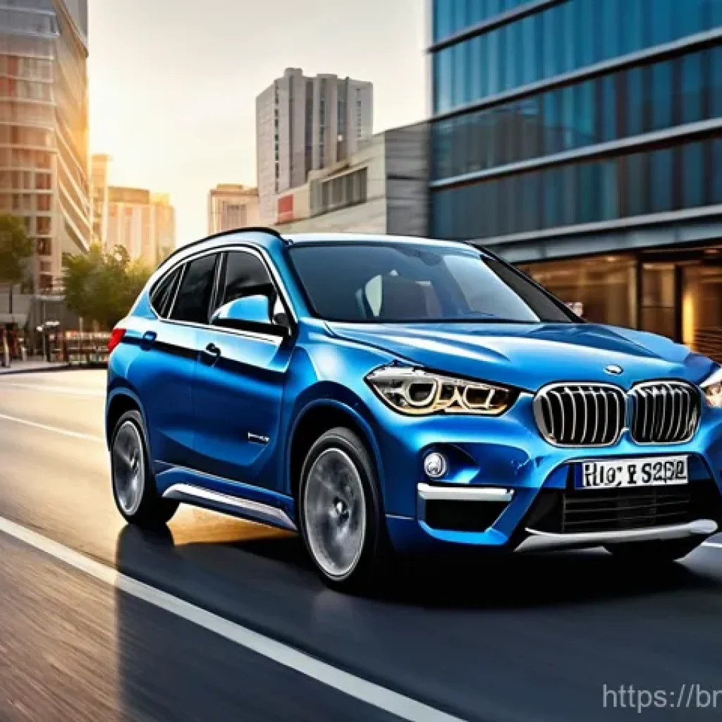 BMW X1 소형 SUV 장단점 - **Urban Elegance & Bold Design:** "A highly detailed, professional photograph of a metallic 'Phytoni...