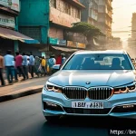 Home 17 BMW 7시리즈의 최신 안전 기술 - A sleek BMW 7 Series car driving through a busy urban street in Bangladesh at dusk, featuring advanc...