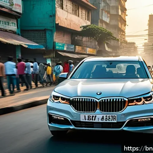 Home 29 BMW 7시리즈의 최신 안전 기술 - A sleek BMW 7 Series car driving through a busy urban street in Bangladesh at dusk, featuring advanc...