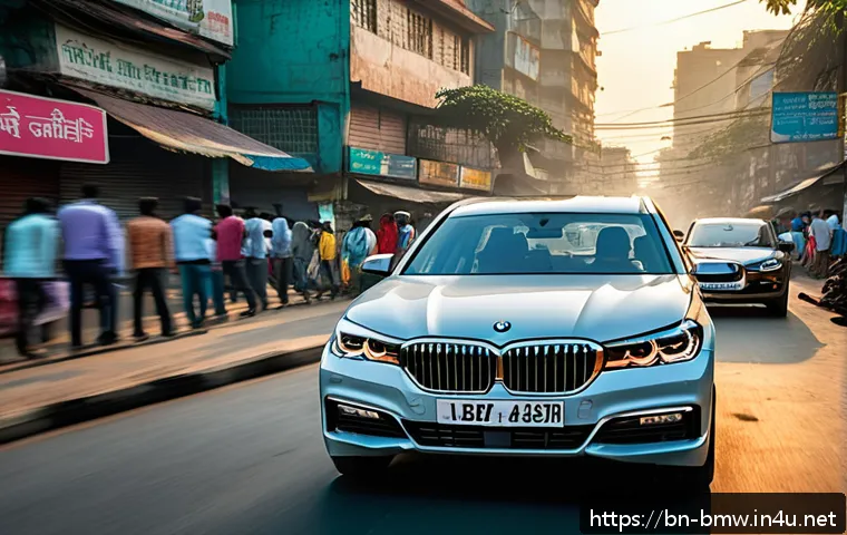 BMW 7시리즈의 최신 안전 기술 - A sleek BMW 7 Series car driving through a busy urban street in Bangladesh at dusk, featuring advanc...