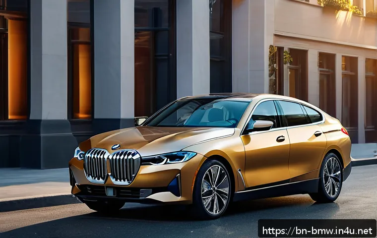 BMW i4 전기차와 아이오닉 6 비교 - A sleek and elegant BMW i4 parked on a modern city street during golden hour, showcasing its classic...