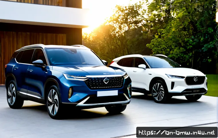 BMW iX3와 볼보 XC40 리차지 비교 - Photorealistic side-by-side comparison of two premium compact electric SUVs parked on a clean modern...